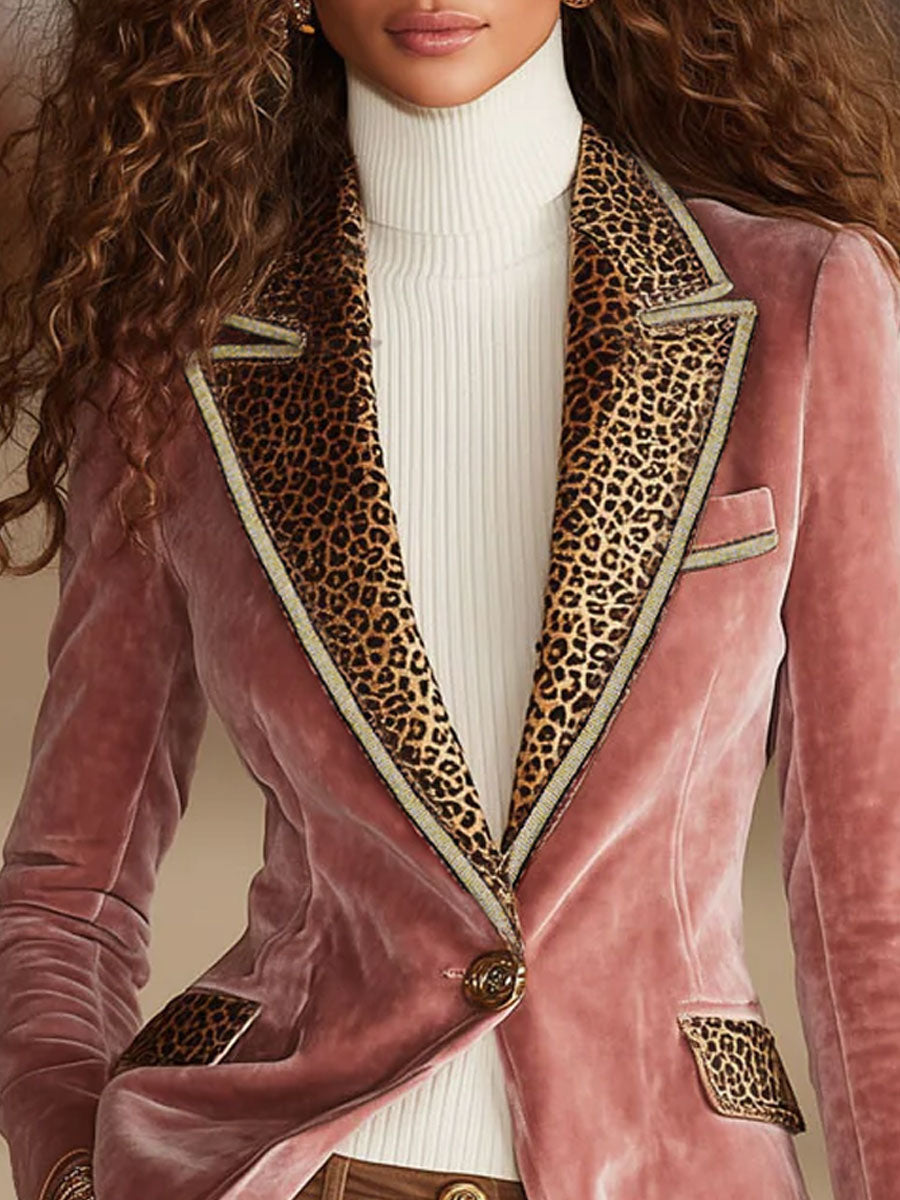 Dames Blazer Fluwelen Luipaardprint Roze Eenknops