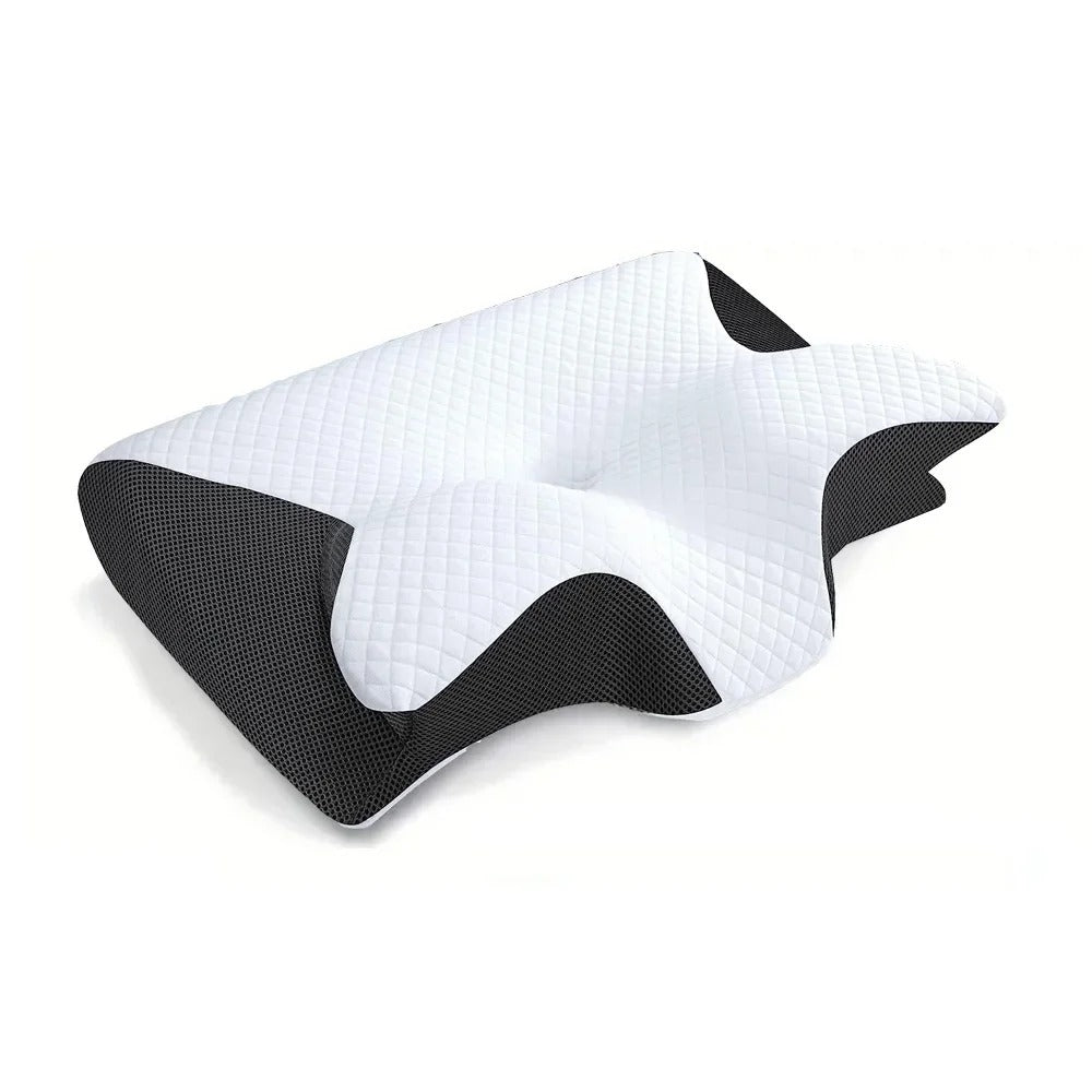 Alevia orthopedisch slaapkussen met een ergonomisch ontwerp, speciaal ontwikkeld om de nek en schouders optimaal te ondersteunen. Het kussen heeft een gewatteerde hoes met een geometrisch patroon en ademend mesh aan de zijkanten voor betere ventilatie. Dit kussen biedt verlichting voor nekklachten en bevordert een gezonde slaaphouding, wat zorgt voor een comfortabele en rustgevende nachtrust.
