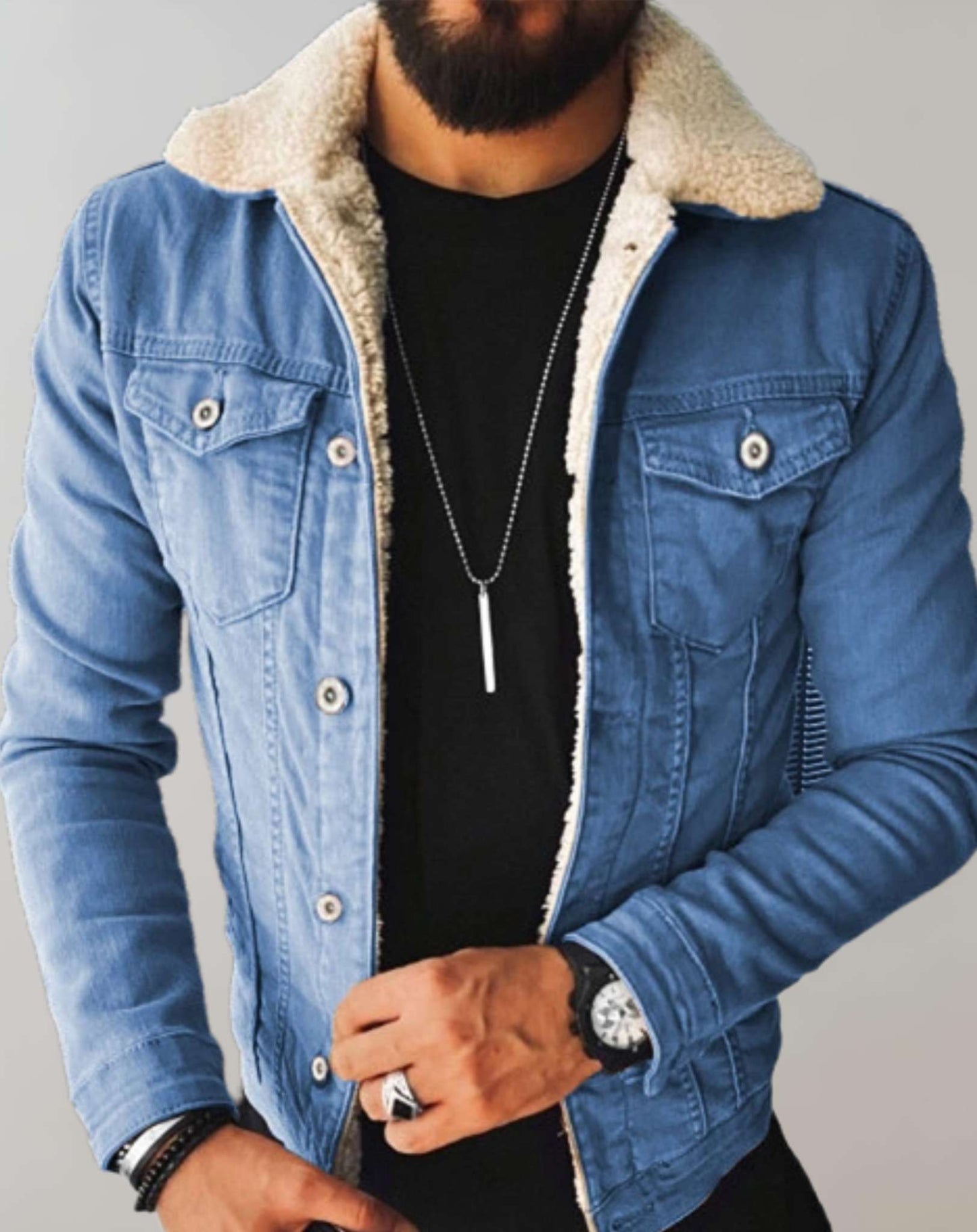 Heren Denim Jas Fleece Kraag Met Meerdere Zakken