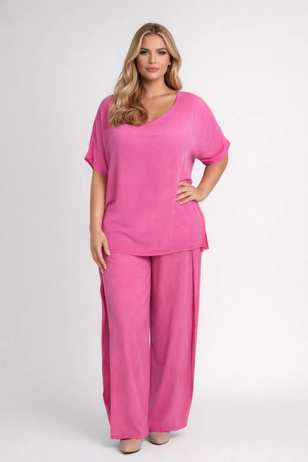 Dames Oversized Set - Wijde Broek met Ronde Hals Top Casual