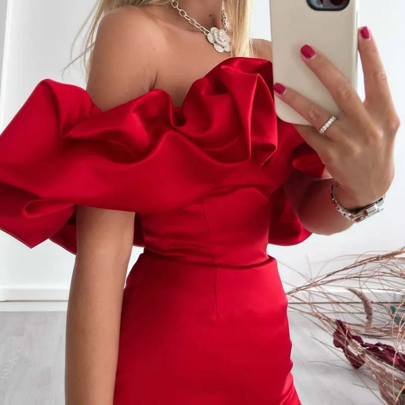 Cocktail Jurk Off-Shoulder Met Ruches en V-Neck