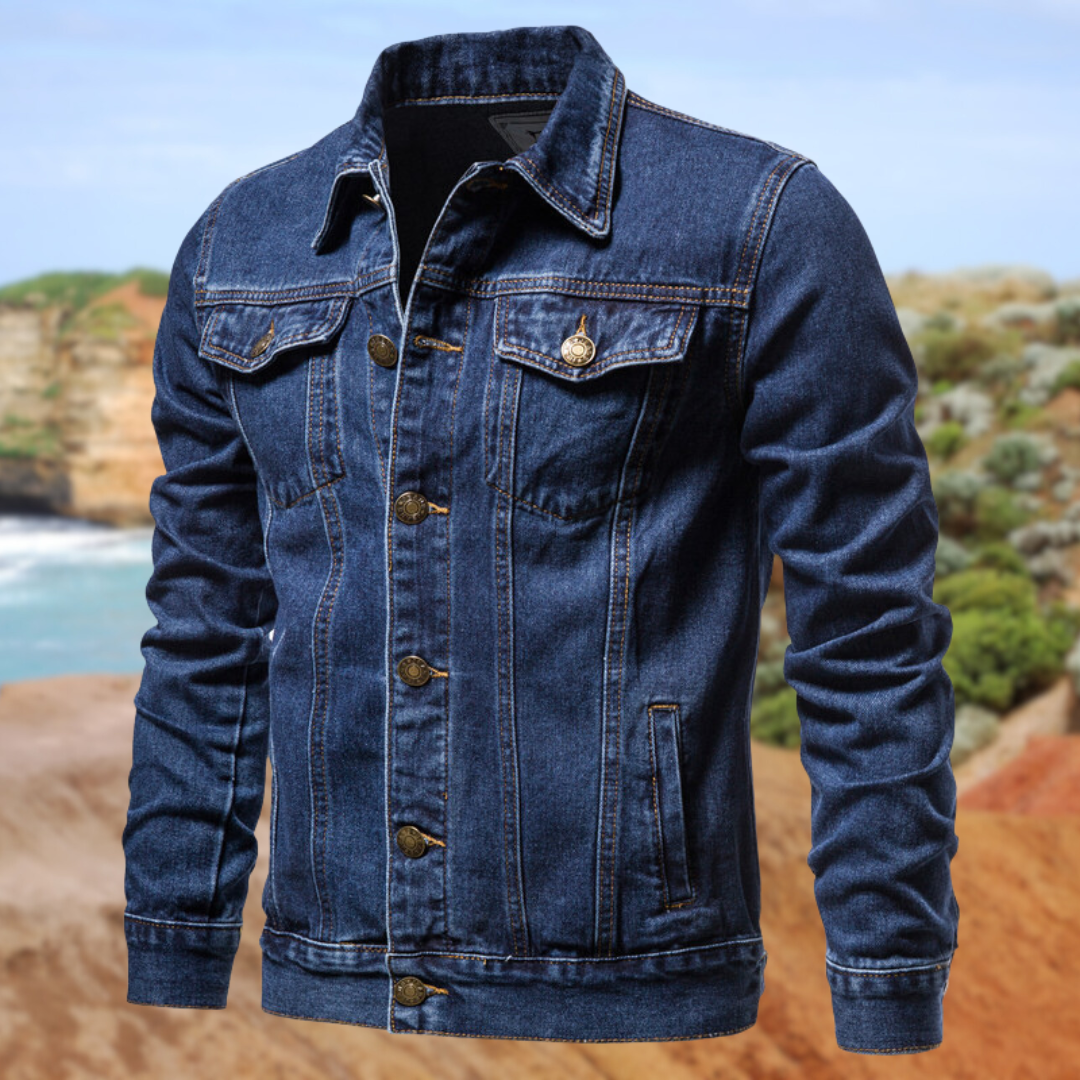 Blauwe Denim Jacket voor Mannen Donkerblauw Stevig