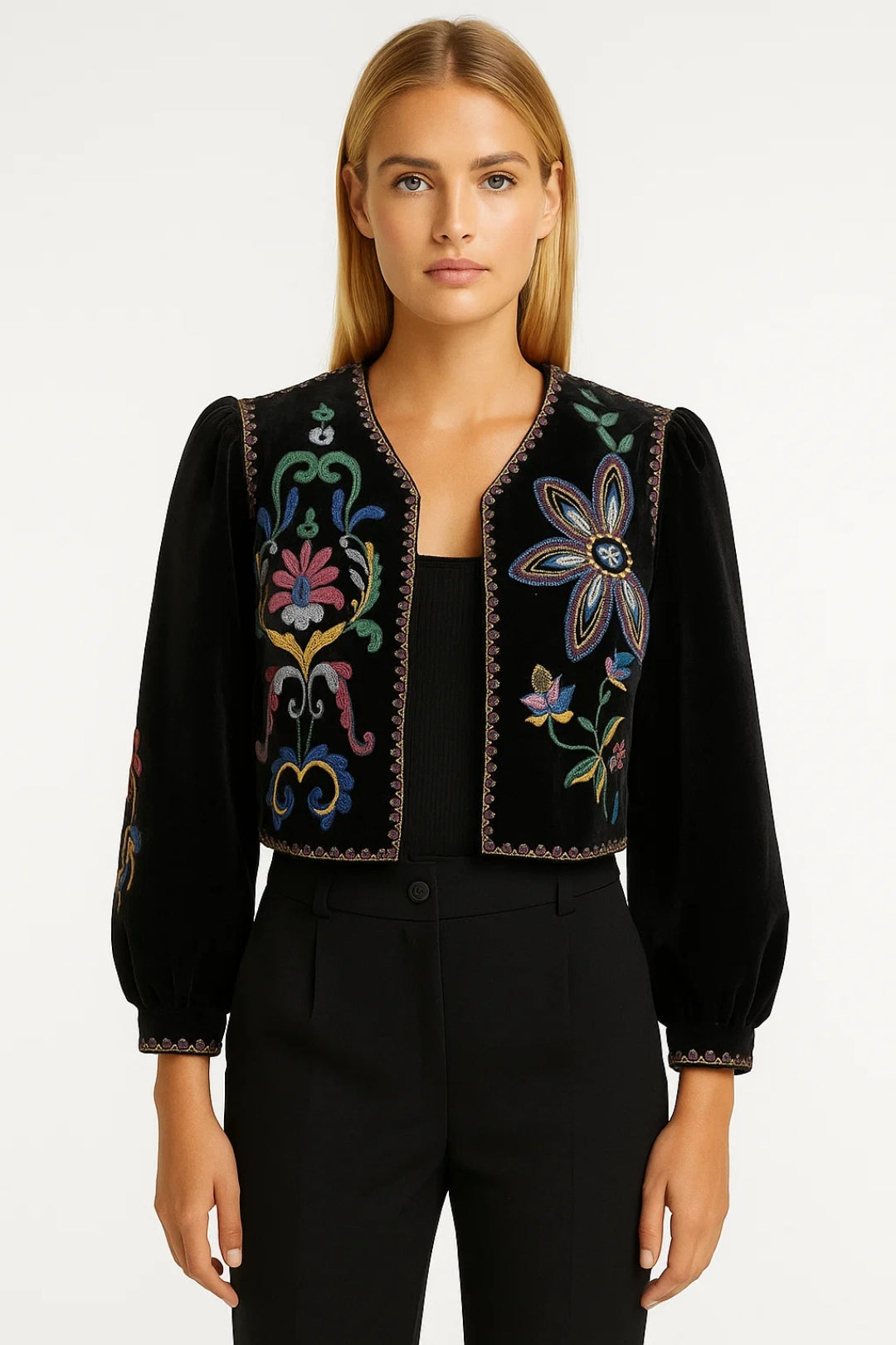 Dames Vest Geborduurd Bloemen Elegant Open Voor