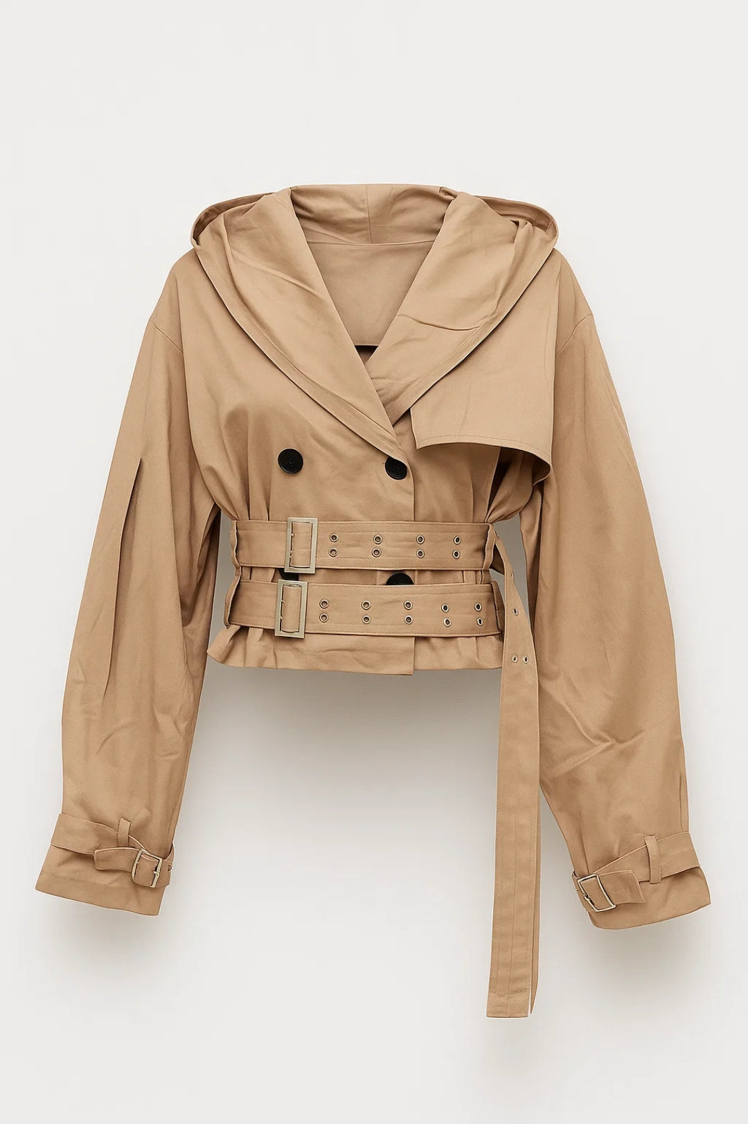 Dames Trenchcoat Kort Model met Capuchon en Dubbele Ceintuur