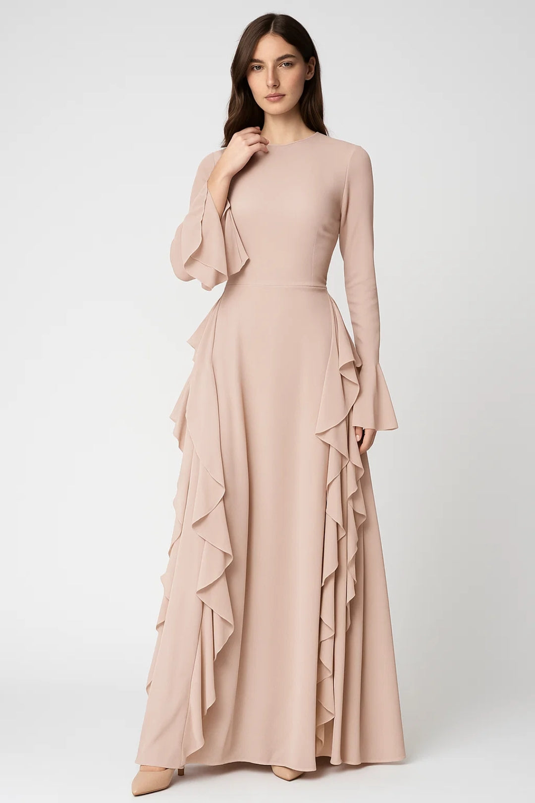 Lange Maxi Jurk Dames met Ruches en Lange Mouwen Elegant