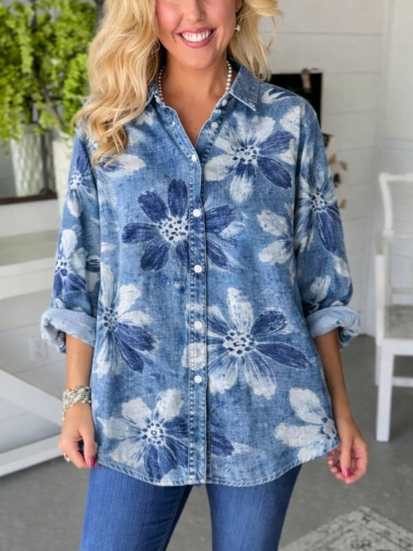 Bloemen Denim Hemd Casual Los Vallend voor Vrouw - StudioMarella