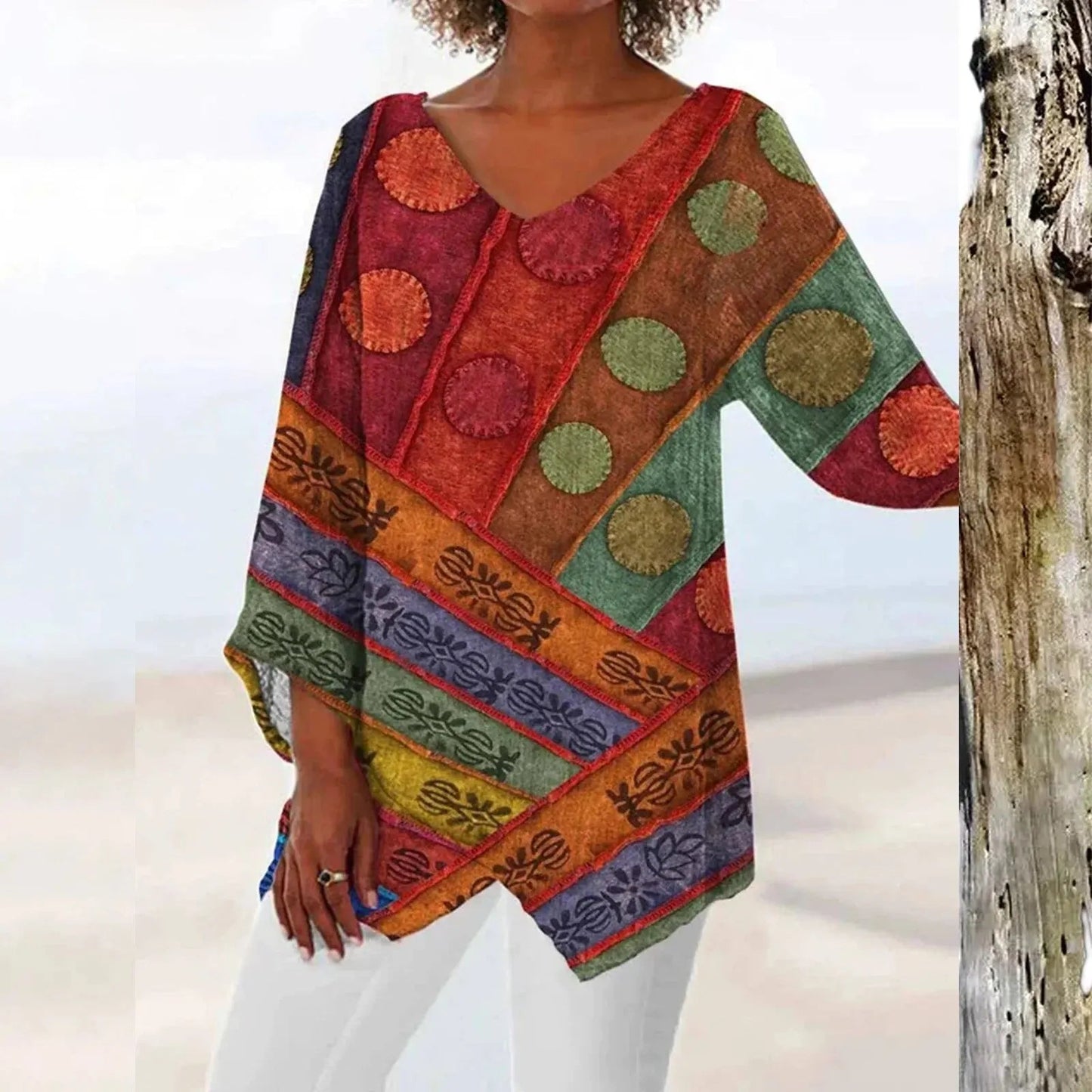 Vrouwelijke Vintage Top met V-hals en Lange Mouwen