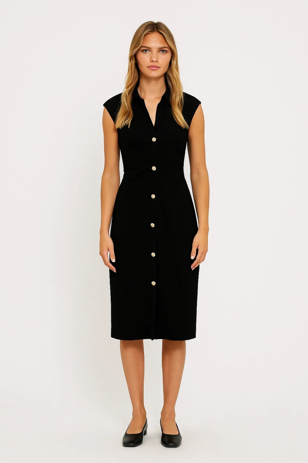 Midi Jurk Dames Korte Mouwloze Zomerjurk met Knoopsluiting