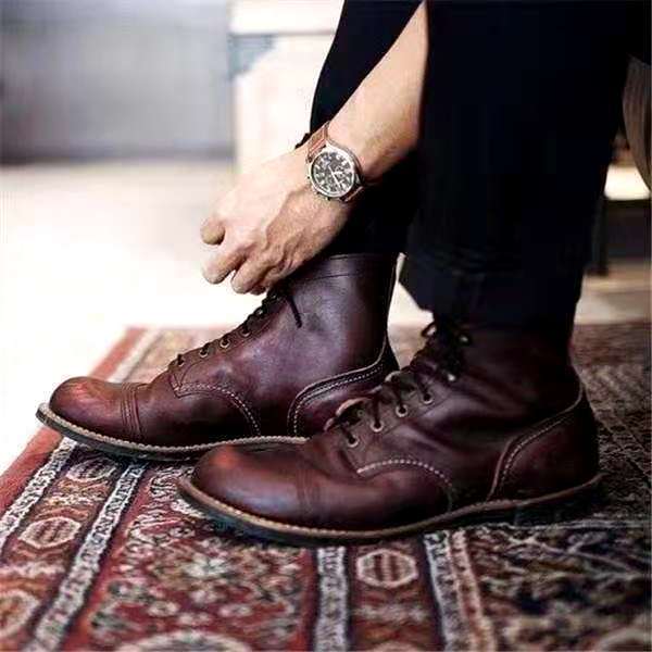 Bruine Leren Veterlaarzen voor Heren Retro Stijl