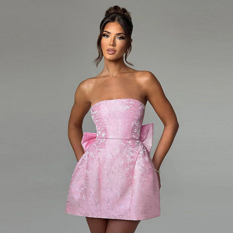 Korte Avondjurk Off-Shoulder Champagnejurk met Strik