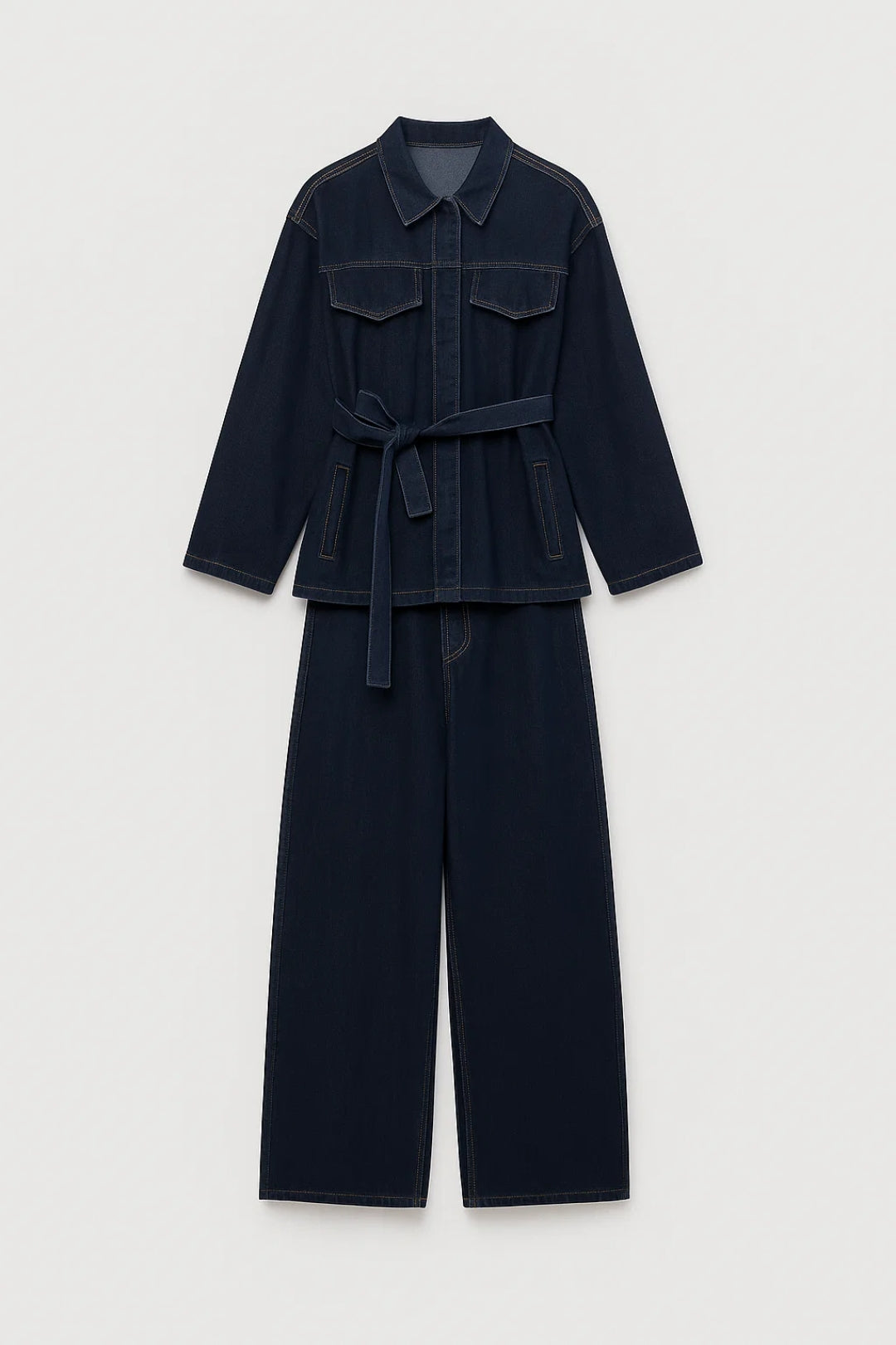 Dames Set - Oversized Jas met Wide Leg Jeans en Ceintuur Casual Kleding