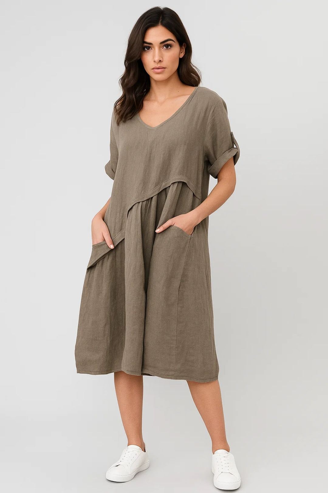 Midi Jurk Dames Oversized met V-hals en Zakken Casual Stijl