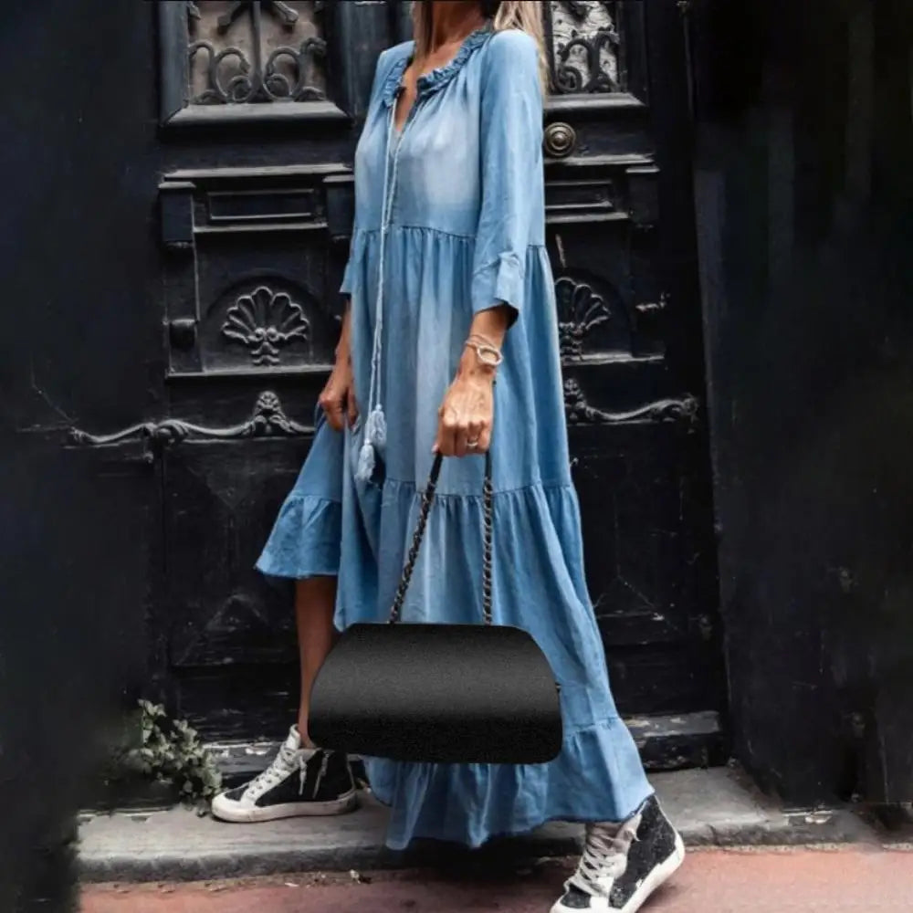 Maxi Jurk V-Hals Grote Zoom Kanten Vintage Look