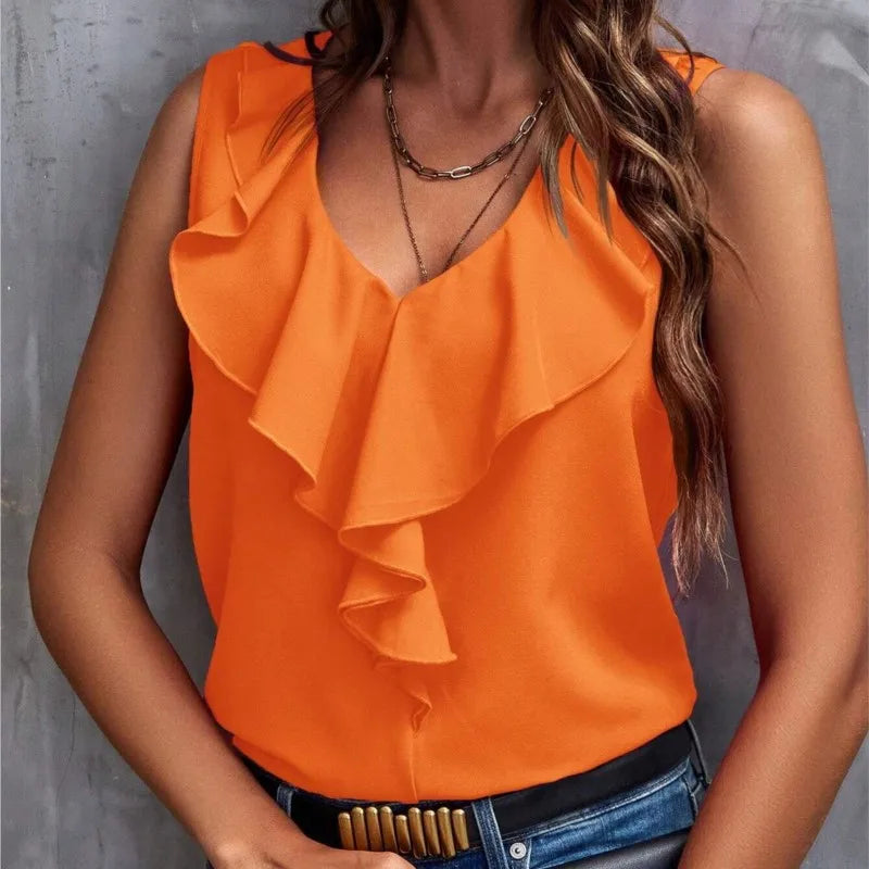 Vrouwelijke Zomertop Oranje Elegant Korte Mouw - StudioMarella