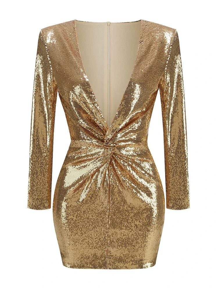 Glitter Jurk Lange Mouw Mini Plissé Pailletten Feestjurk