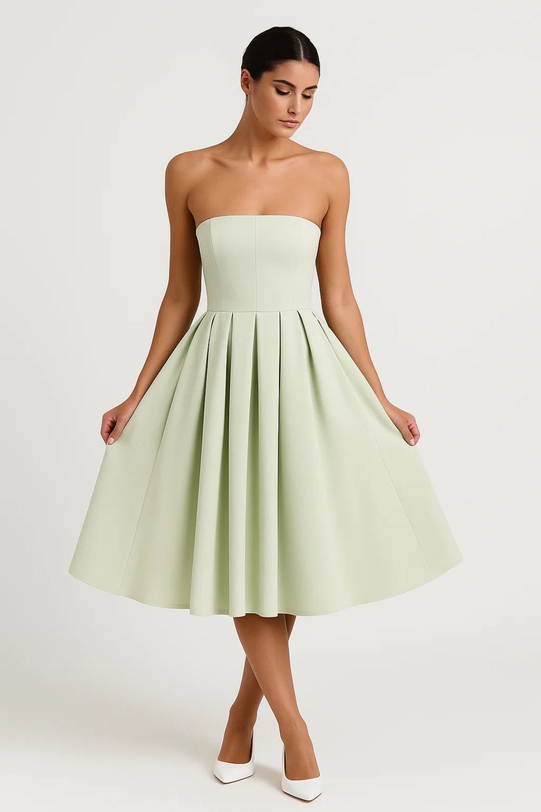 Strapless Midi Jurk Dames met Wijde Rok Elegant Zomer
