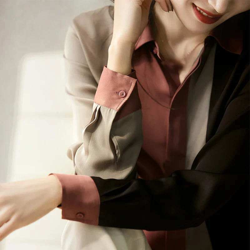 Vrouwelijke Blouse Satijn Knoopsluiting Retro Stijl