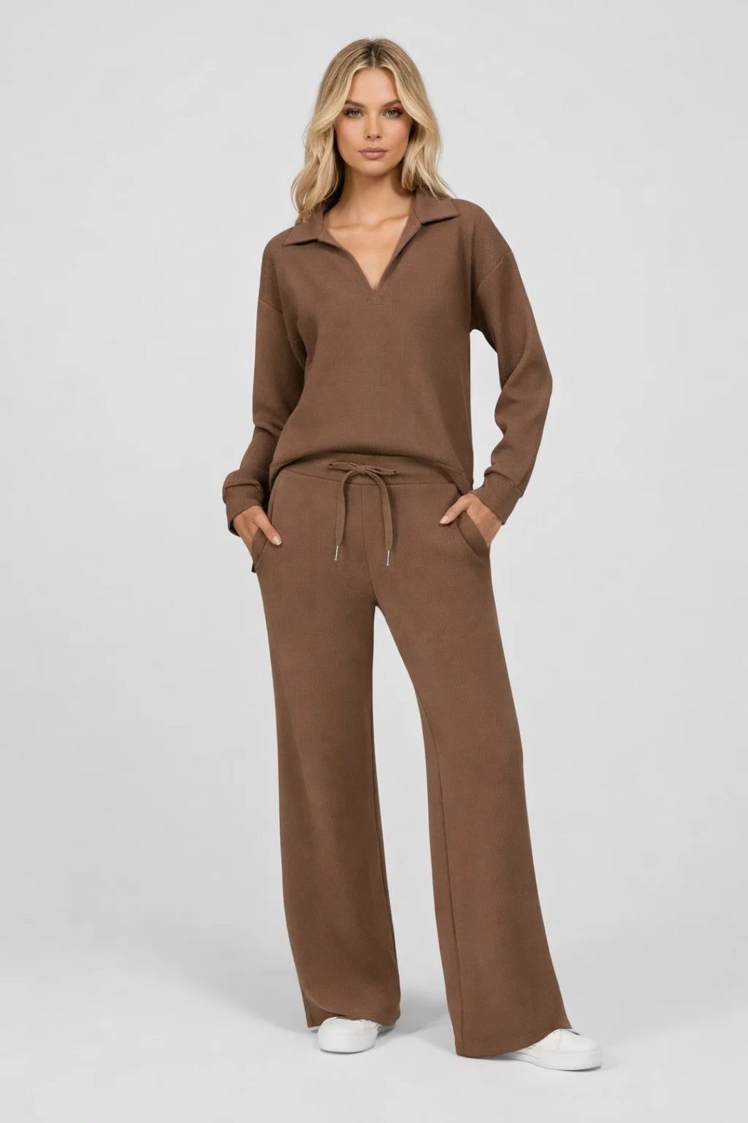 Dames Trainingspak - Polo Sweater met Wide Leg Broek Comfortabel