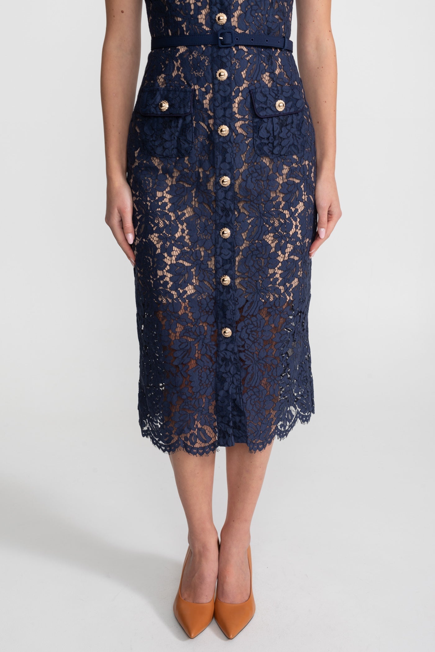 Midi Jurk Dames Marineblauw Bloemenkant met Kraag en Ceintuur