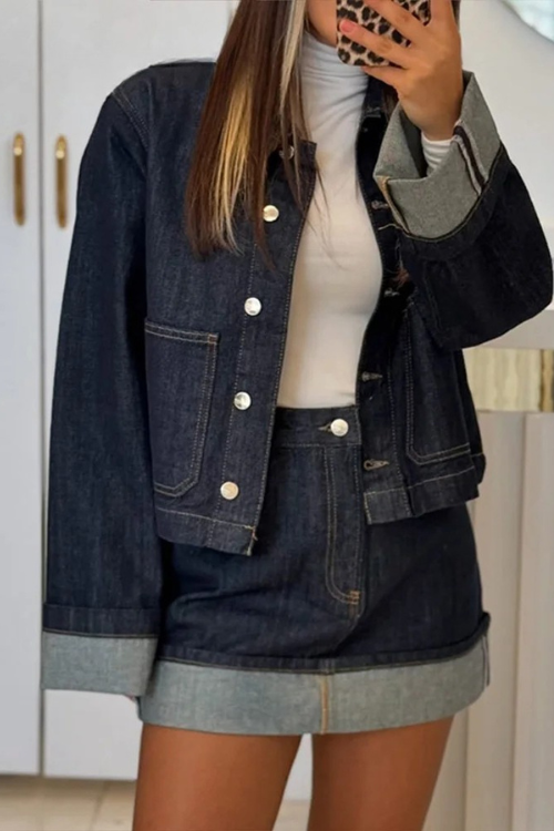 Dames Denim Set - Cropped Jeansjasje en High Waist Minirok → Dames Jeans Set - Cropped Jasje en High Waist Minirok