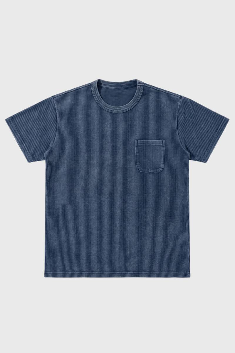 T-Shirt Heren - Vintage Washed met Borstzak | Relaxed Casual — Gestreept Blauw
