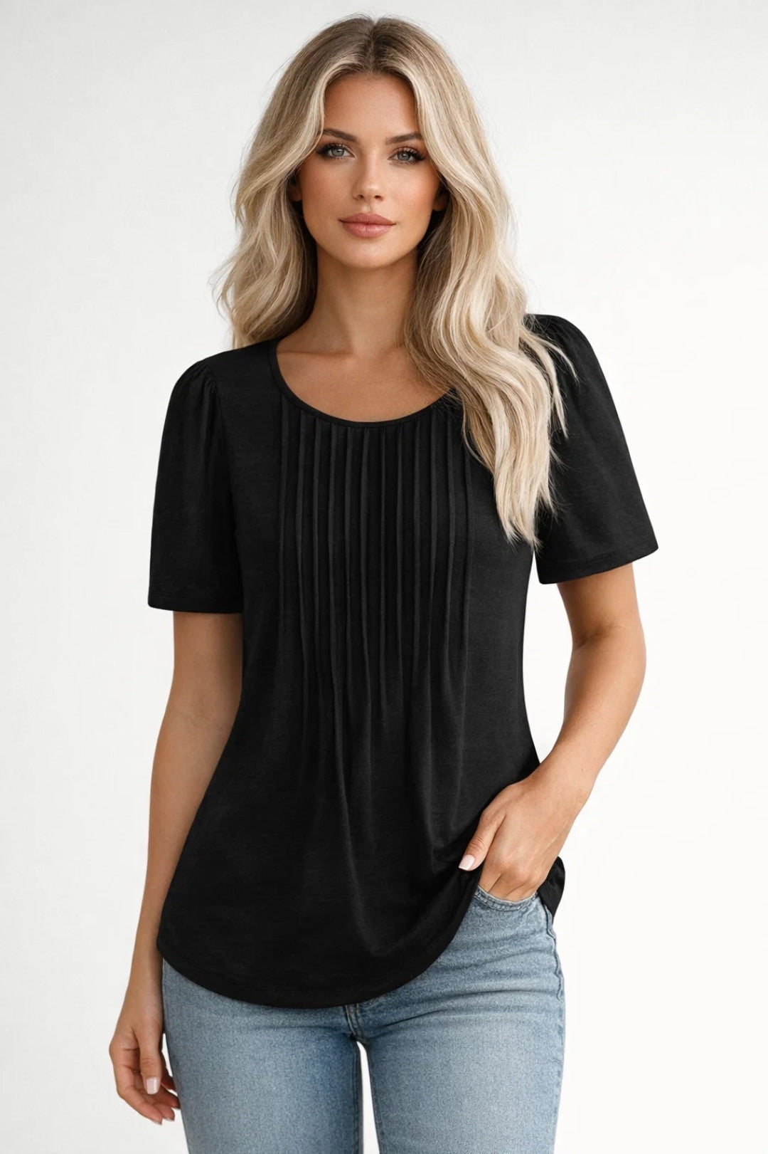 Vrouwelijke Blouse Luchtige Top met Plooien Ronde Hals Casual Dames