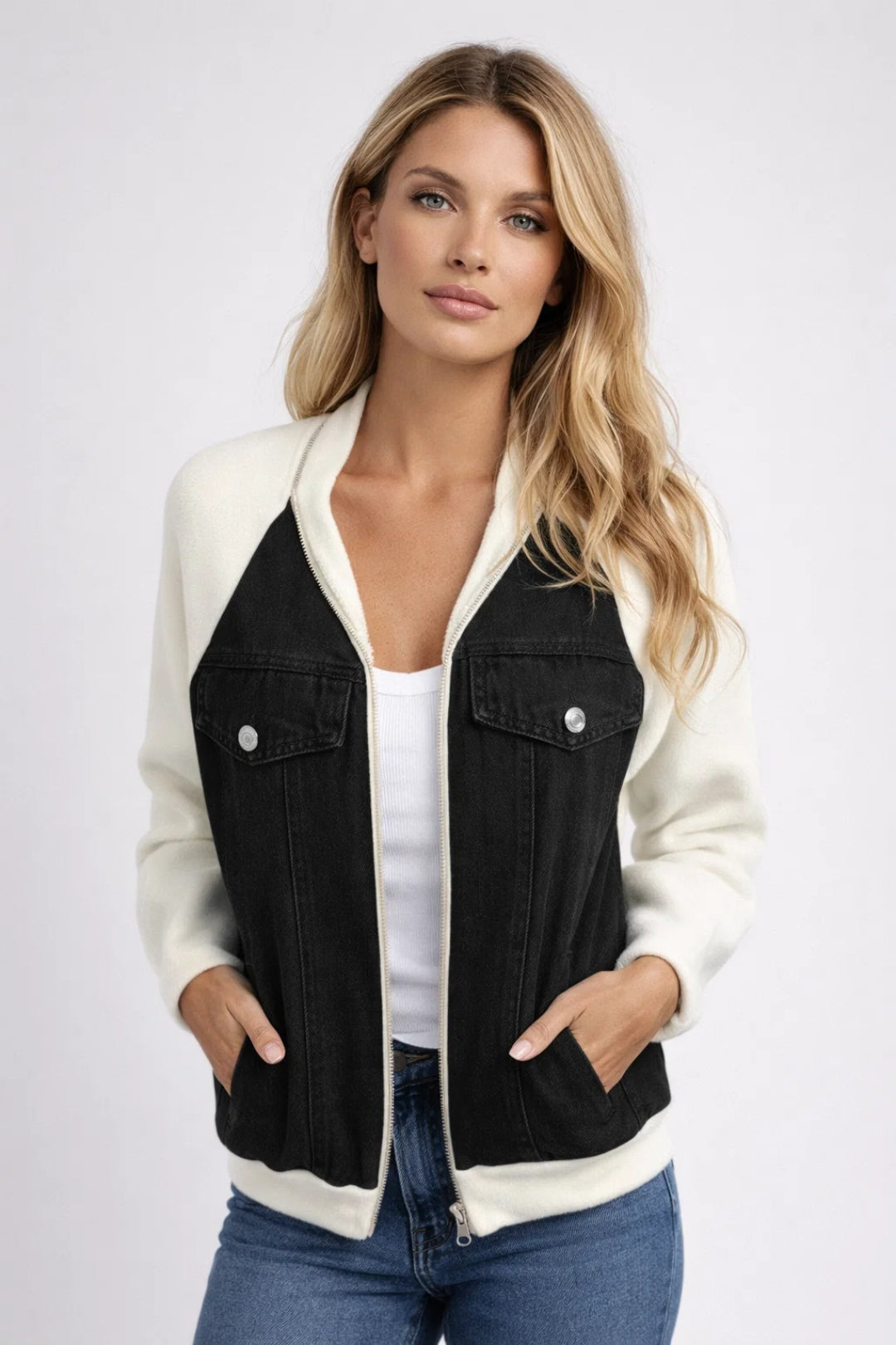 Korte Damesjas Hybride Met Contrasterende Mouwen Casual Stijl