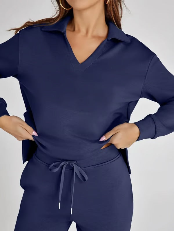 Dames Herfst Outfit: Warme Tweedelige Set met V-Hals Trui en Wijde Broek