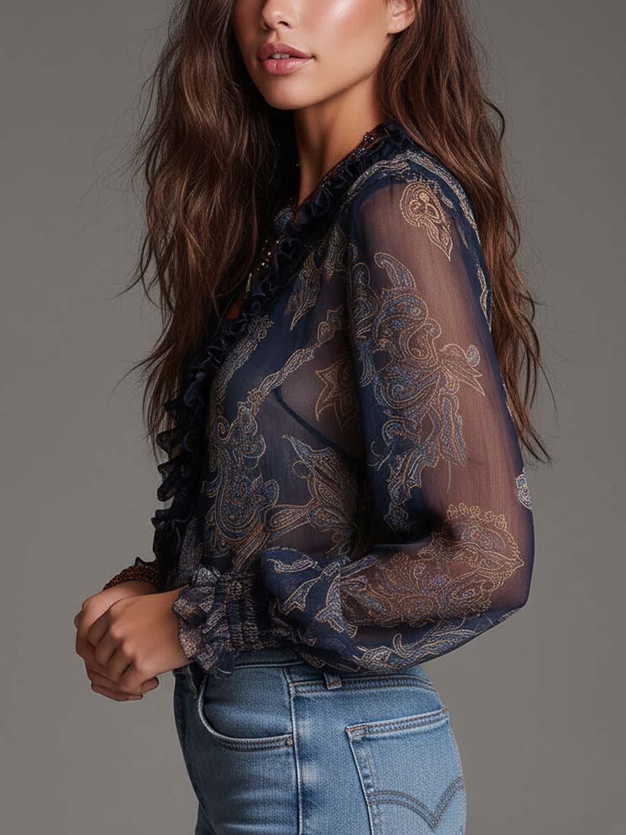 Dames Blouse Chiffon met Paisley Print en Ritsdetail