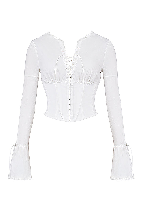 Witte Corset Top Lange Mouwen Vetersluiting Dames
