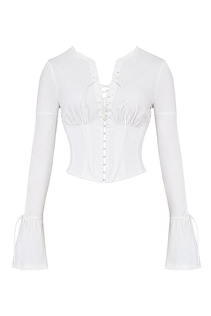 Witte Corset Top Lange Mouwen Vetersluiting Dames