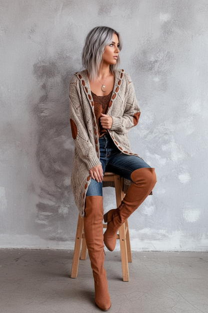 Vrouwen Cardigan met Diamant Uitsnijdingen en Elleboog Patches