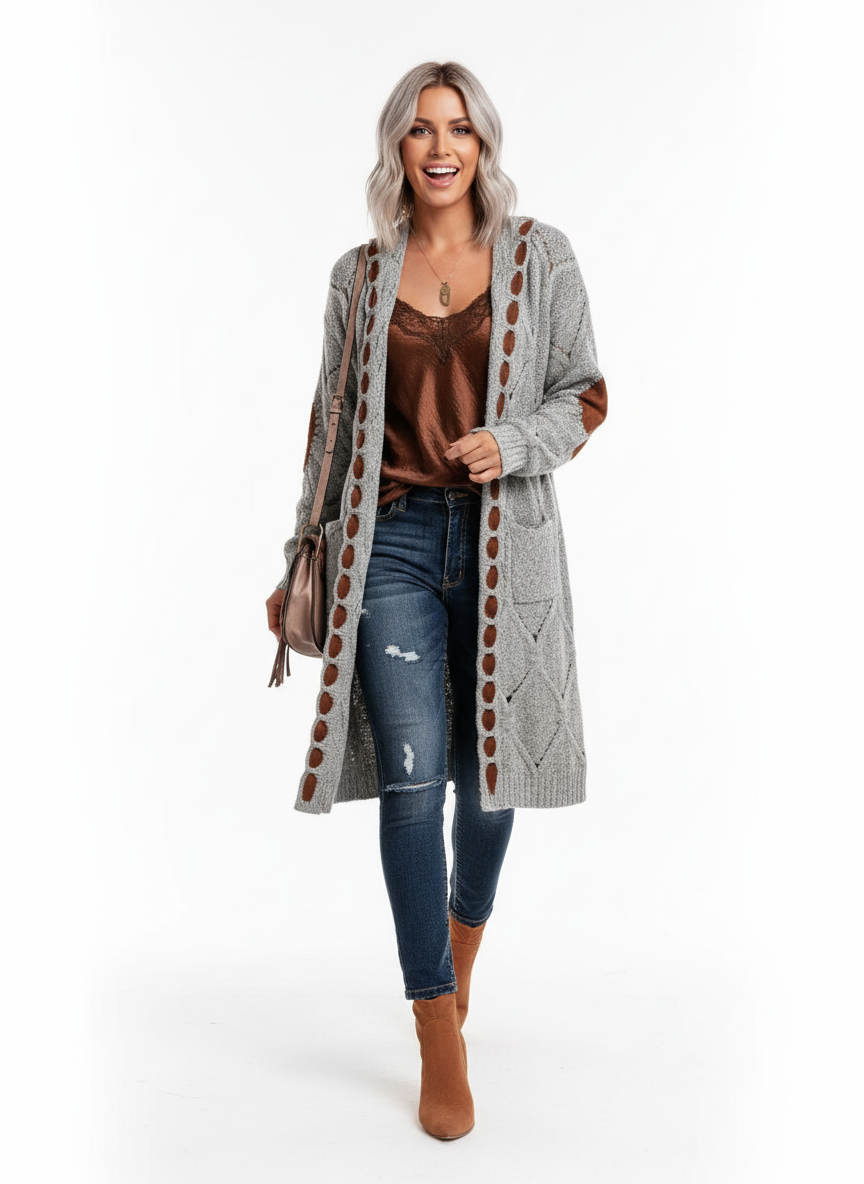 Vrouwen Cardigan met Diamant Uitsnijdingen en Elleboog Patches