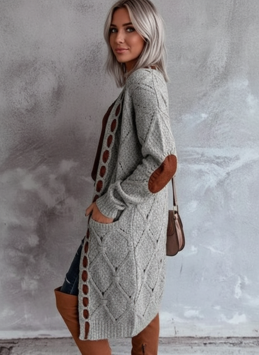 Vrouwen Cardigan met Diamant Uitsnijdingen en Elleboog Patches