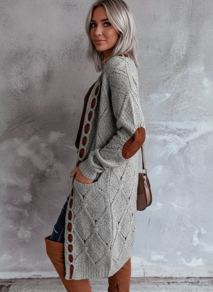 Vrouwen Cardigan met Diamant Uitsnijdingen en Elleboog Patches