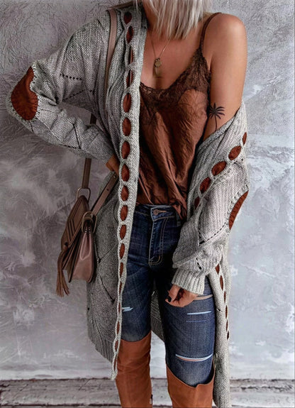 Vrouwen Cardigan met Diamant Uitsnijdingen en Elleboog Patches