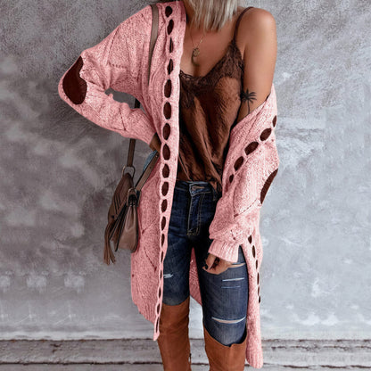 Vrouwen Cardigan met Diamant Uitsnijdingen en Elleboog Patches