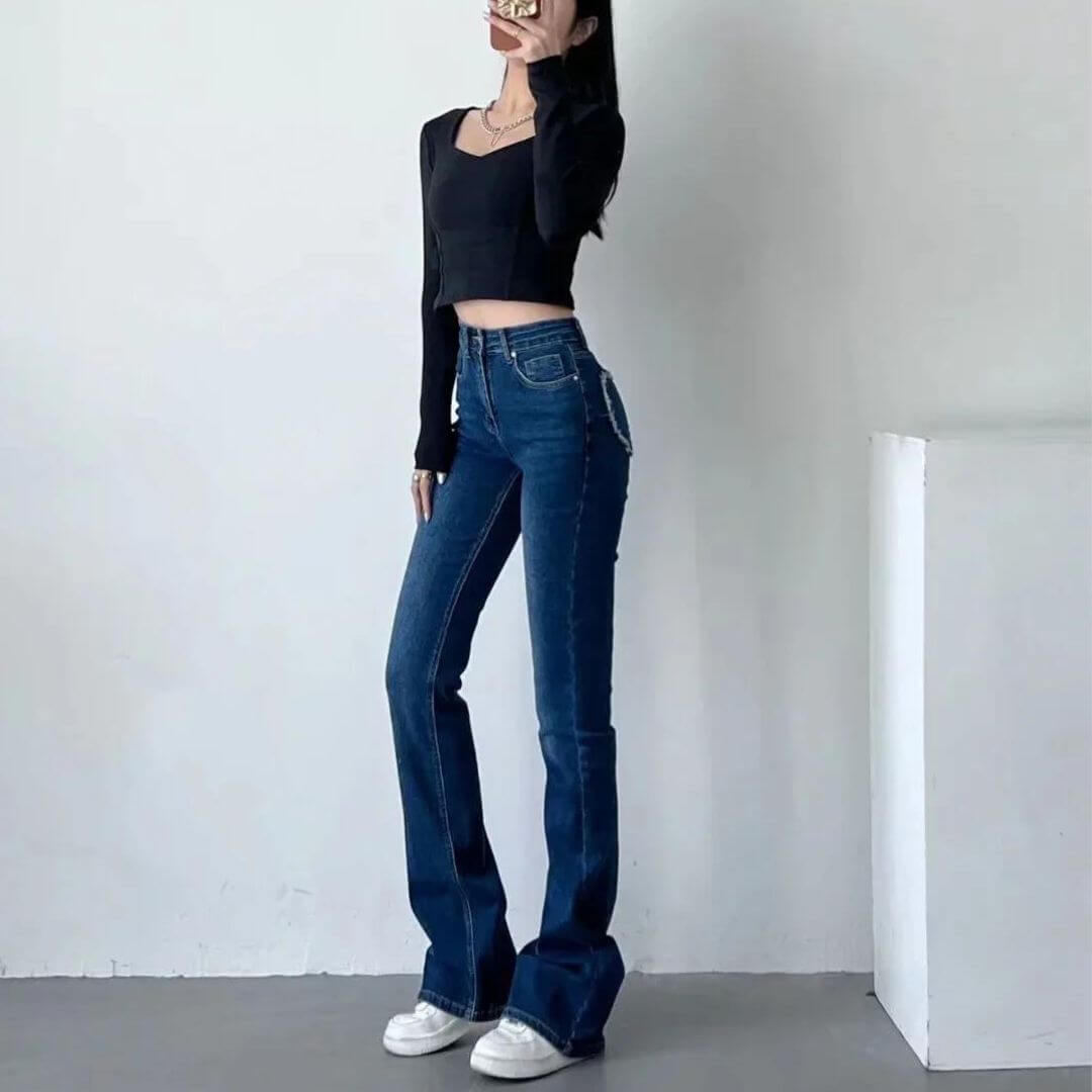Dames Hoge Taille Flared Jeans met Franjes