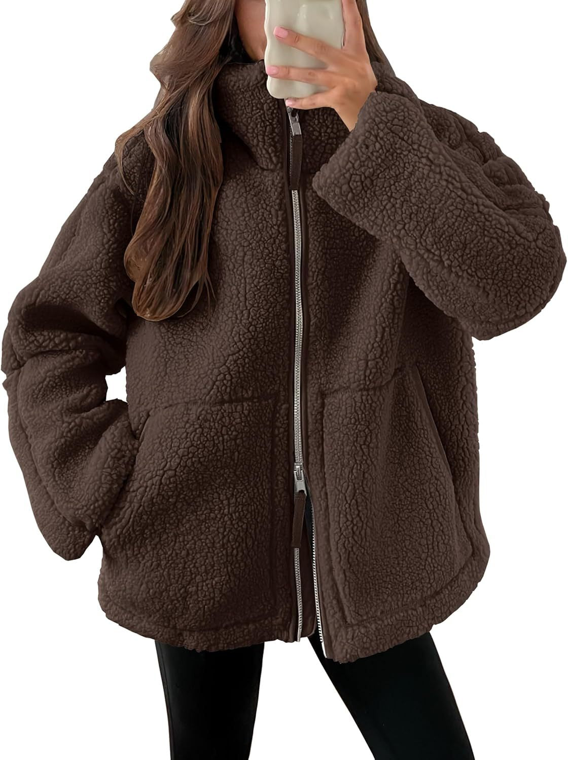 Dames Fleece Jas Warm met Hoge Kraag en Zakken Zwart