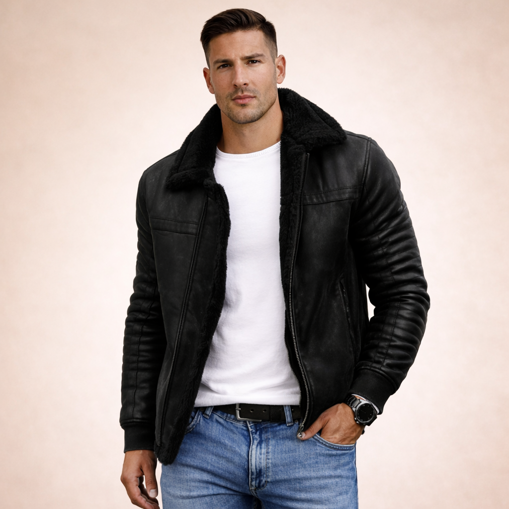 Bomberjack Heren Vintage Leren Wollen Warm