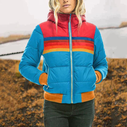 Dames Pufferjas Warm en Stijlvol – Retro Winterjas Colorblock