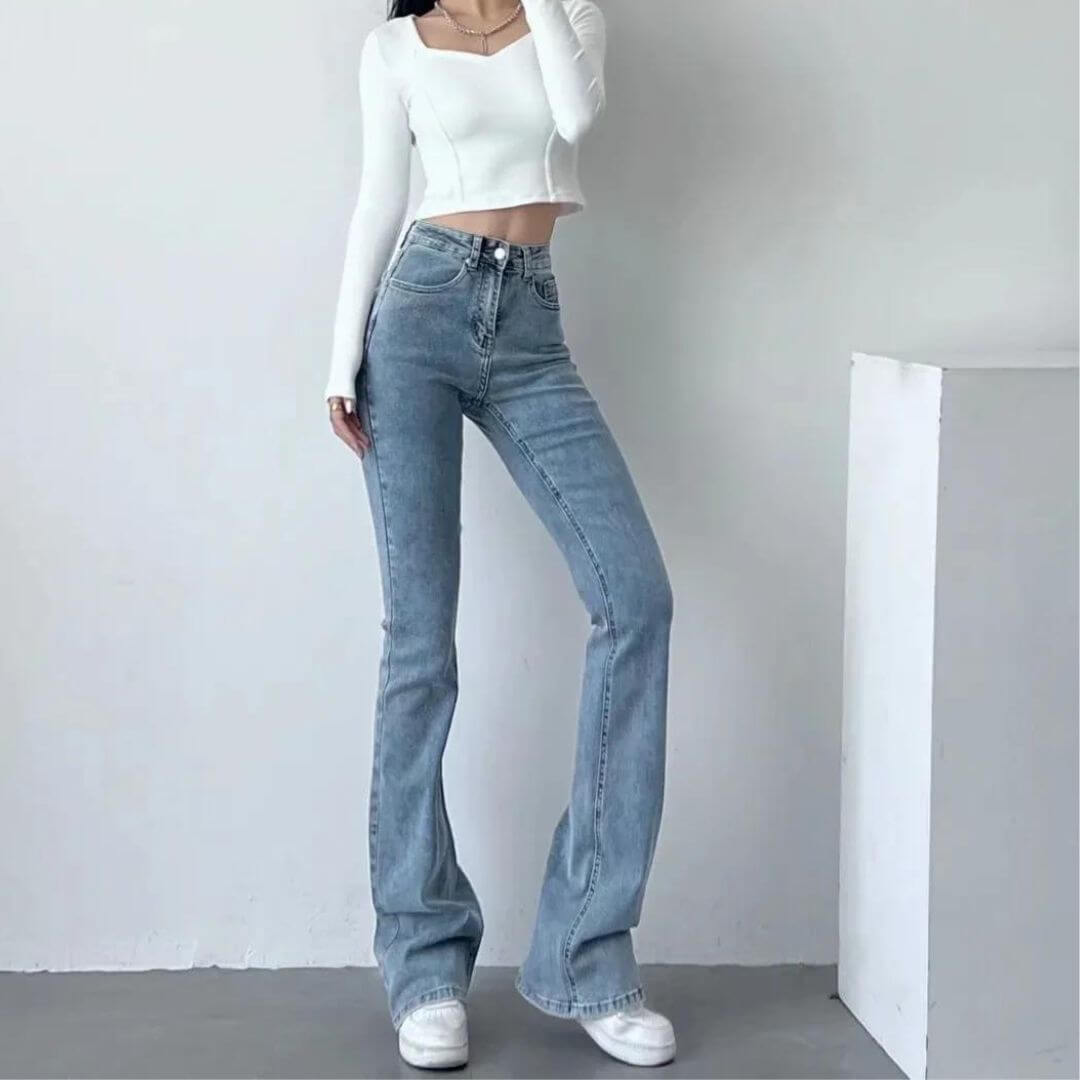 Dames Hoge Taille Flared Jeans met Franjes