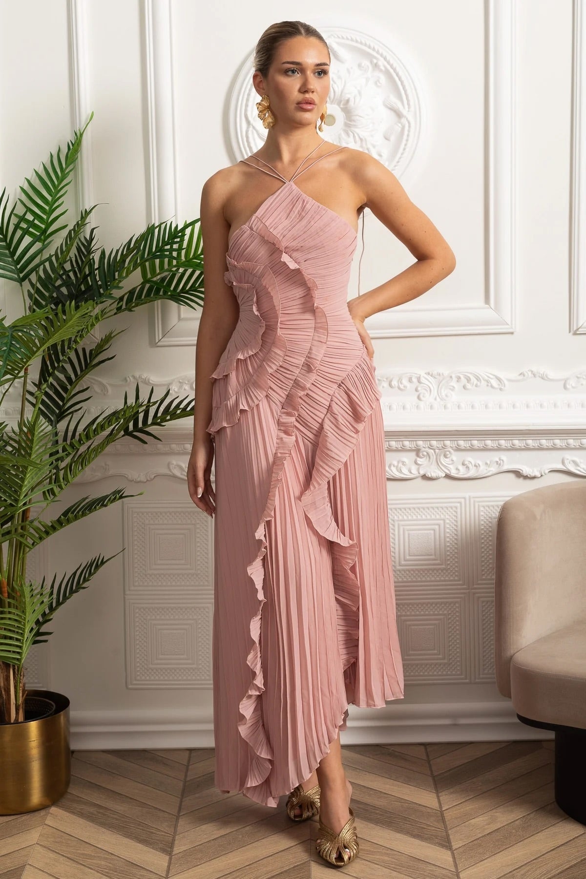 Midi Jurk Roze met Ruches en Plooien - StudioMarella