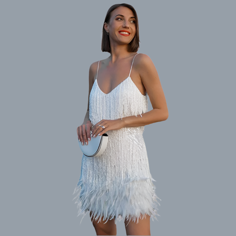 Glitterjurk Avondjurk Feestjurk met Pailletten en Veren Detail