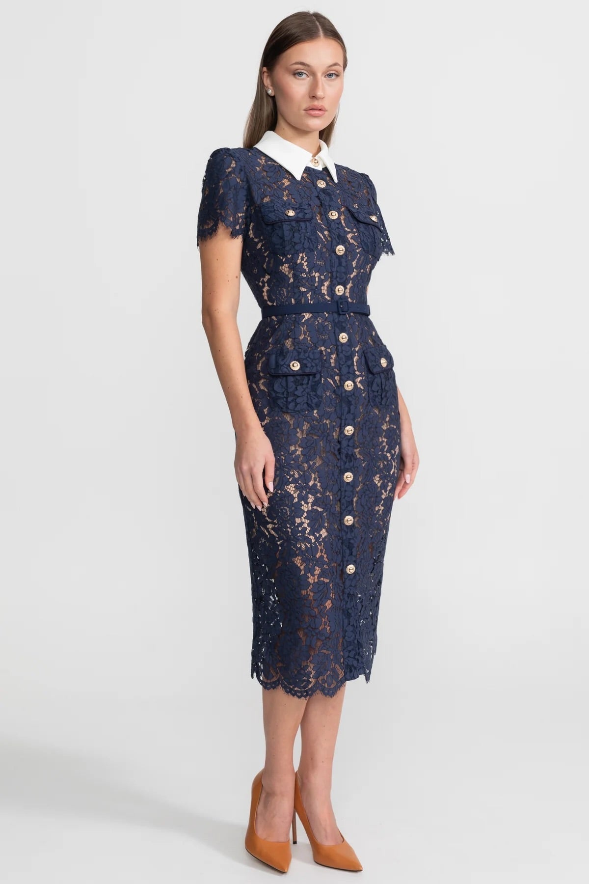 Midi Jurk Dames Marineblauw Bloemenkant met Kraag en Ceintuur