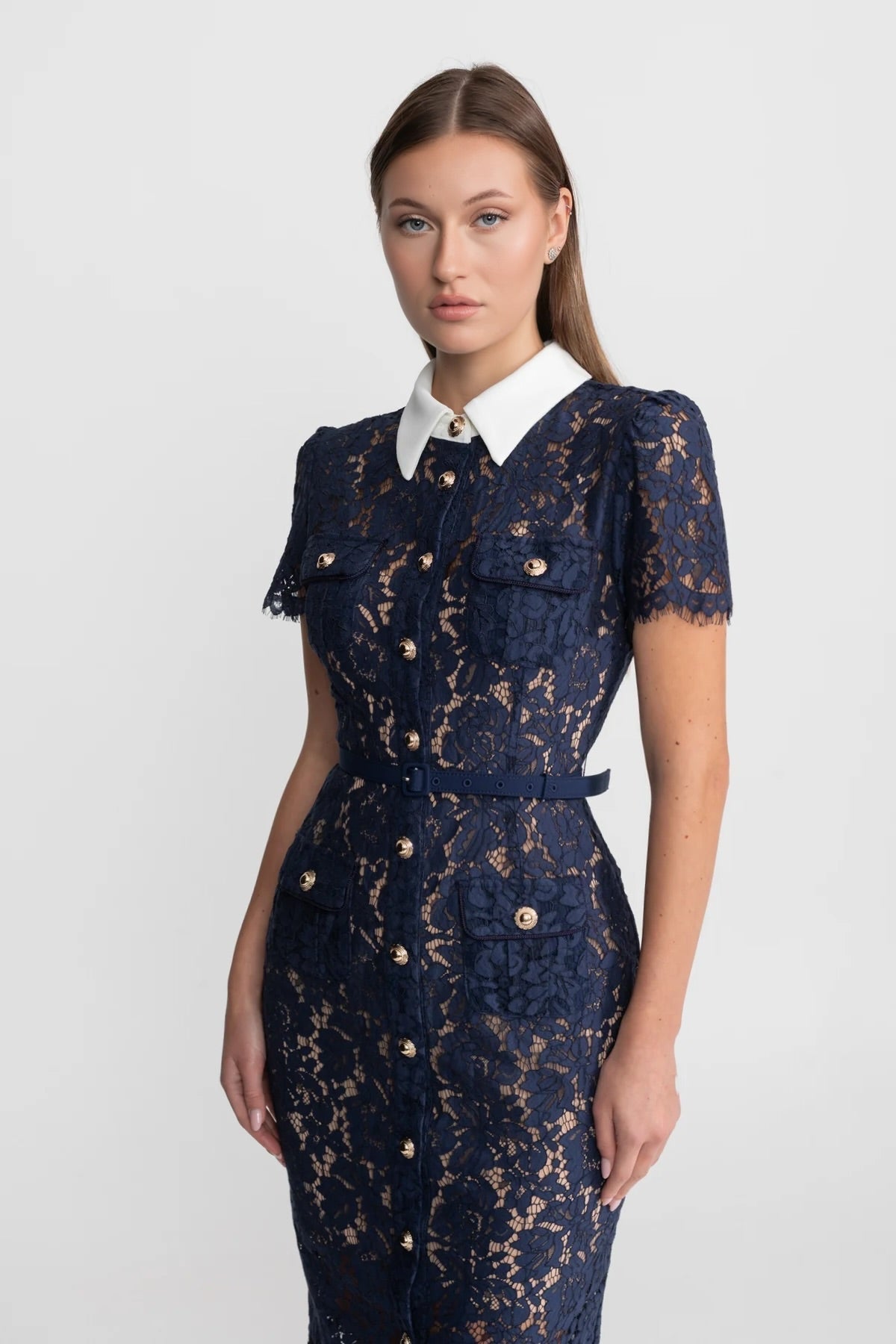Midi Jurk Dames Marineblauw Bloemenkant met Kraag en Ceintuur