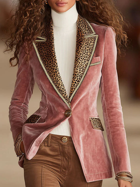 Dames Blazer Fluwelen Luipaardprint Roze Eenknops - StudioMarella
