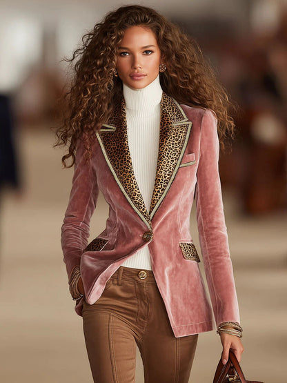 Dames Blazer Fluwelen Luipaardprint Roze Eenknops