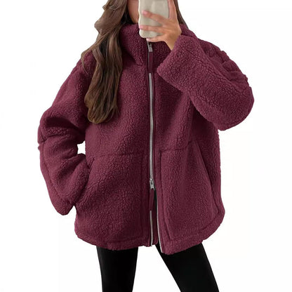 Dames Fleece Jas Warm met Hoge Kraag en Zakken Zwart