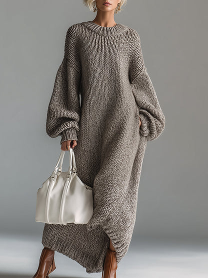 Dames Maxi Jurk Gebreid Rond Hals Gemêleerd Khaki Kleur - StudioMarella